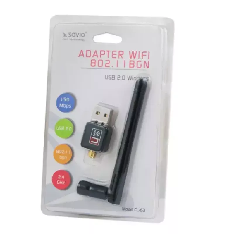 USB WLAN adapteris SAVIO CL-63, vienos juostos 2,4 GHz, 150 Mbit/s, Realtek RTL8188CU, išorinė antena, USB 2.0