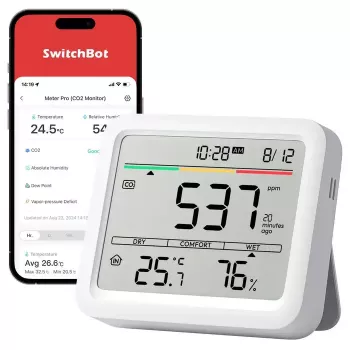 CO2 monitorius SwitchBot Meter Pro – CO2, temperatūros ir drėgmės matavimas, LCD, baterija (AA), ABS korpusas, 5 V, temperatūros diapazonas -20–80°C