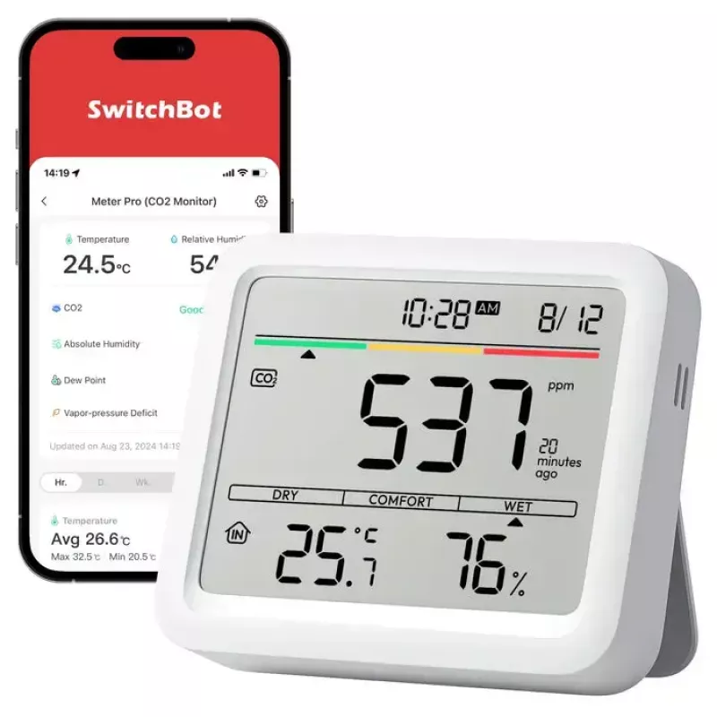 CO2 monitorius SwitchBot Meter Pro – CO2, temperatūros ir drėgmės matavimas, LCD, baterija (AA), ABS korpusas, 5 V, temperatūros diapazonas -20–80°C