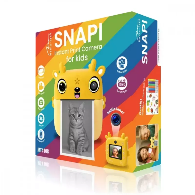 Vaikų skaitmeninis fotoaparatas MEDIA-TECH SNAPI MT4108 – 8 MP interpoliuota, 1280x720 LCD, 1000 mAh, USB-C, microSD lizdas, geltona