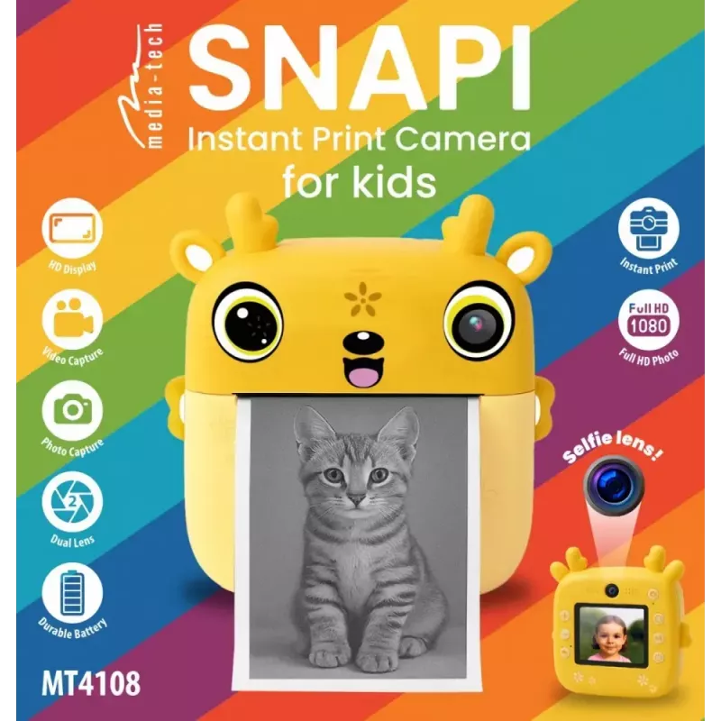 Vaikų skaitmeninis fotoaparatas MEDIA-TECH SNAPI MT4108 – 8 MP interpoliuota, 1280x720 LCD, 1000 mAh, USB-C, microSD lizdas, geltona