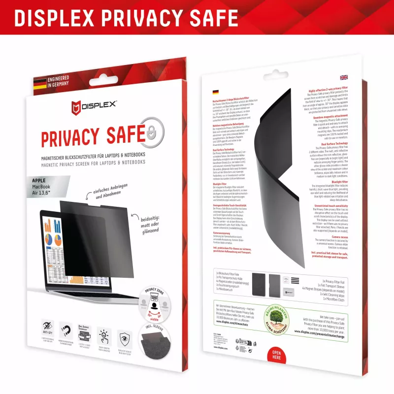 Displex PRIVACY SAFE magnetinis dvipusis privatumo filtras, skirtas MacBook Air 13,6 colio