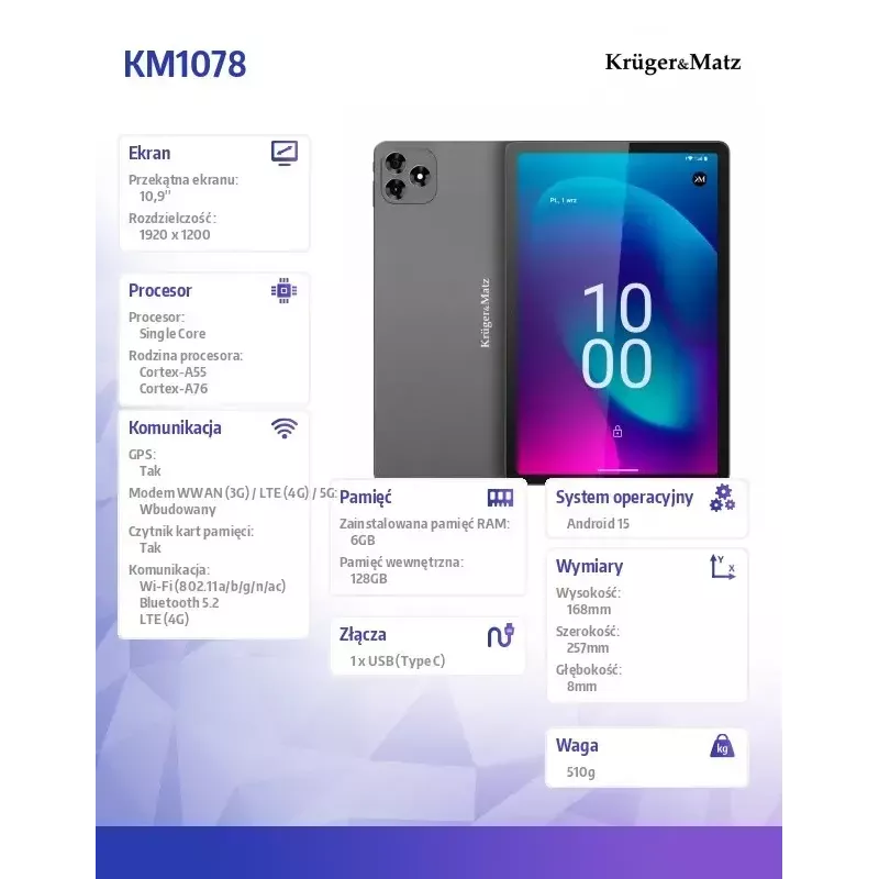 Kruger & Matz Krüger&Matz KM1078S planšetinis kompiuteris 8 GB RAM 256 GB aštuonių branduolių (10,95) Wi-Fi 5 (802.11ac) Android 15