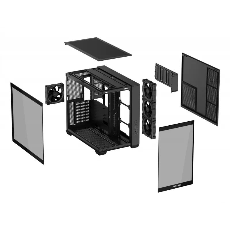 ASUS A32 PLUS ATX kompiuterio korpusas, juodas – grūdintas stiklas, RGB ventiliatoriai, USB-C, tinka ATX/Micro-ATX/Mini-ITX