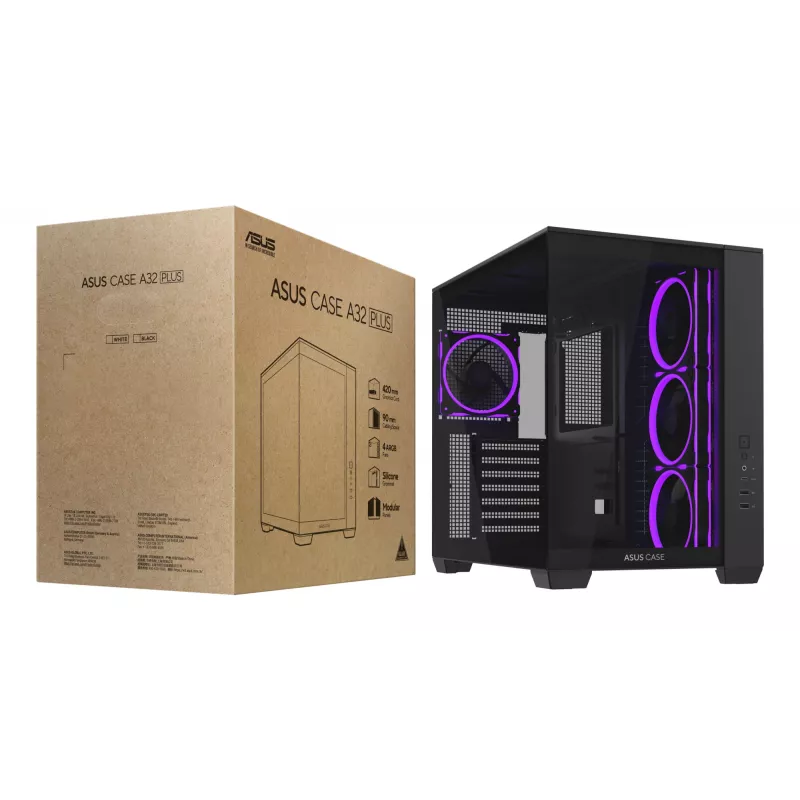 ASUS A32 PLUS ATX kompiuterio korpusas, juodas – grūdintas stiklas, RGB ventiliatoriai, USB-C, tinka ATX/Micro-ATX/Mini-ITX