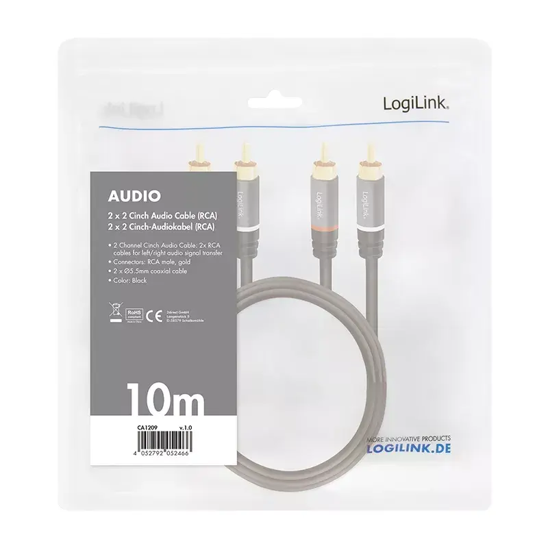 Garso kabelis LogiLink CA1209 10 m 2xRCA juodas