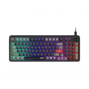 Klaviatūra MSI Forge GK110 – pilno dydžio (100%), USB laidinė, QWERTY JAV anglų, membraninė, RGB foninis apšvietimas, 97 klavišai, juoda
