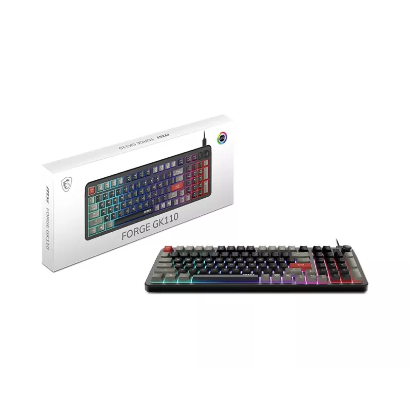 Klaviatūra MSI Forge GK110 – pilno dydžio (100%), USB laidinė, QWERTY JAV anglų, membraninė, RGB foninis apšvietimas, 97 klavišai, juoda