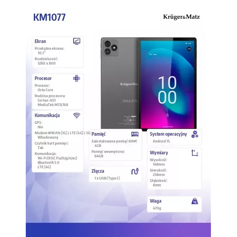 Planšetinis kompiuteris Kruger & Matz KM1077 10,1 colio ekranas Quad-Core 4GB RAM 64GB Atmintis Android