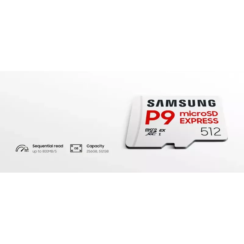 Samsung P9 Express 512 GB microSDXC atminties kortelė, UHS-I, Skaitymas 800 MB/s, V30, U1, balta