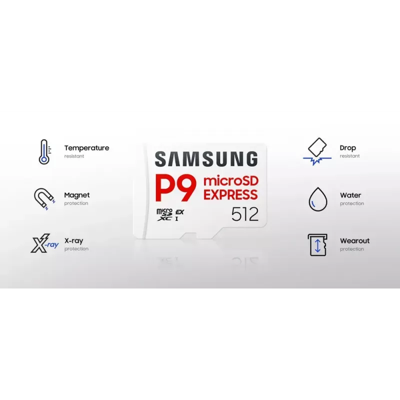 Samsung P9 Express 512 GB microSDXC atminties kortelė, UHS-I, Skaitymas 800 MB/s, V30, U1, balta