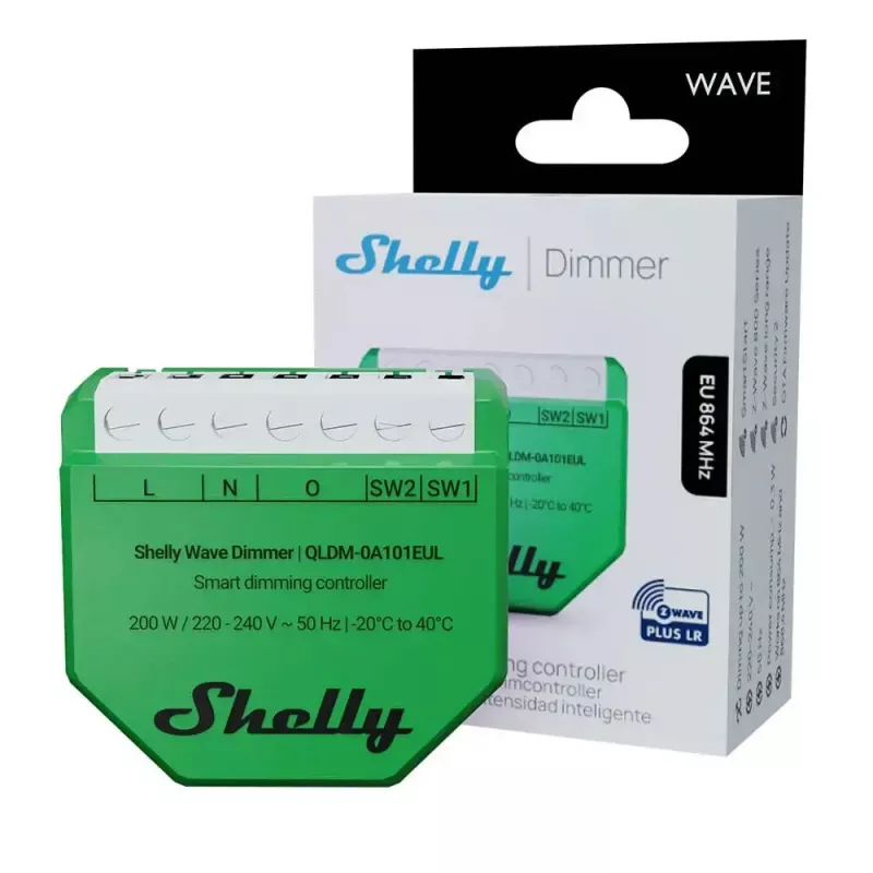 Shelly Wave Dimmer EU LR belaidis šviesos reguliatorius – 2 kanalai, be nulinio laido, 220–240 V, LED iki 150 W, kaitrinės iki 200 W, 864–868,4 MHz