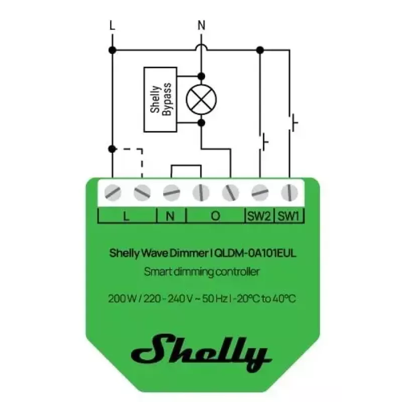 Shelly Wave Dimmer EU LR belaidis šviesos reguliatorius – 2 kanalai, be nulinio laido, 220–240 V, LED iki 150 W, kaitrinės iki 200 W, 864–868,4 MHz