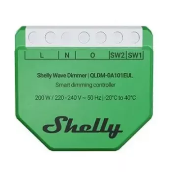 Shelly Wave Dimmer EU LR belaidis šviesos reguliatorius – 2 kanalai, be nulinio laido, 220–240 V, LED iki 150 W, kaitrinės iki 200 W, 864–868,4 MHz