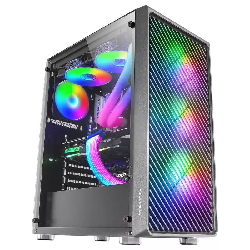 Mars Gaming MC-F Black, ATX Gaming Semibokštas, Pilnas Grūdinto Stiklo Langas, Metalinis-Tinklinis Priekis, 4x 120mm ARGB Ventiliatoriai