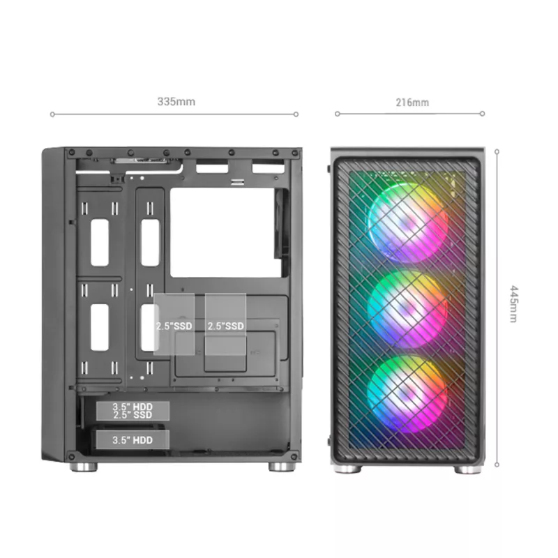 Mars Gaming MC-F Black, ATX Gaming Semibokštas, Pilnas Grūdinto Stiklo Langas, Metalinis-Tinklinis Priekis, 4x 120mm ARGB Ventiliatoriai