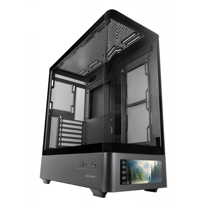 Korpusas TACENS Mars Gaming MCLCDPRO Midi Tower – juodas, IPS 7.2 colio ekranas, maitinimo šaltinis apačioje, ATX/Micro-ATX/Mini-ITX palaikymas