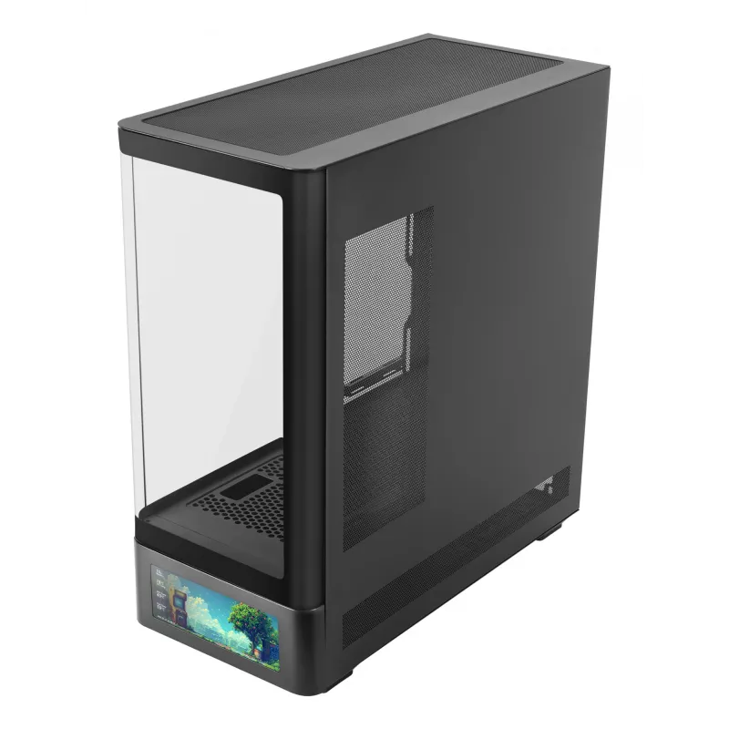 Korpusas TACENS Mars Gaming MCLCDPRO Midi Tower – juodas, IPS 7.2 colio ekranas, maitinimo šaltinis apačioje, ATX/Micro-ATX/Mini-ITX palaikymas
