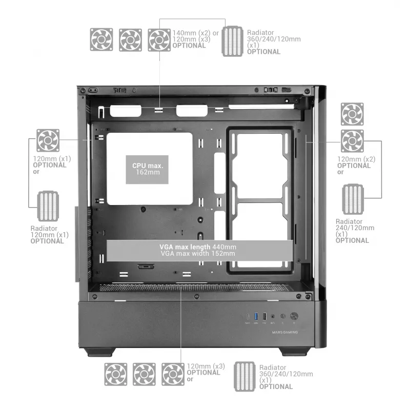 Korpusas TACENS Mars Gaming MCLCDPRO Midi Tower – juodas, IPS 7.2 colio ekranas, maitinimo šaltinis apačioje, ATX/Micro-ATX/Mini-ITX palaikymas