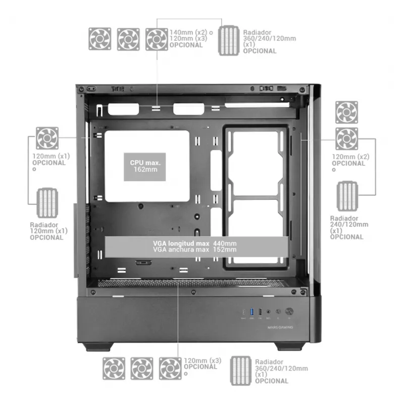 Korpusas TACENS Mars Gaming MCLCDPRO Midi Tower – juodas, IPS 7.2 colio ekranas, maitinimo šaltinis apačioje, ATX/Micro-ATX/Mini-ITX palaikymas