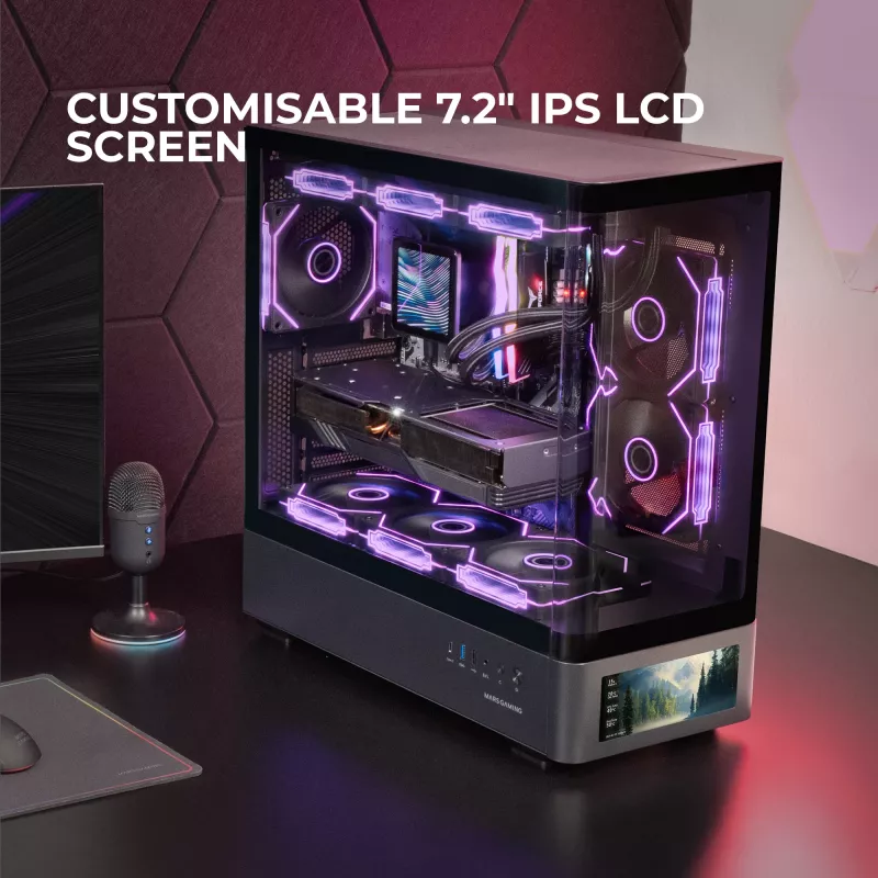 Korpusas TACENS Mars Gaming MCLCDPRO Midi Tower – juodas, IPS 7.2 colio ekranas, maitinimo šaltinis apačioje, ATX/Micro-ATX/Mini-ITX palaikymas