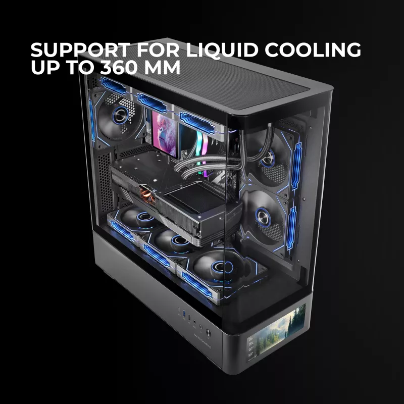Korpusas TACENS Mars Gaming MCLCDPRO Midi Tower – juodas, IPS 7.2 colio ekranas, maitinimo šaltinis apačioje, ATX/Micro-ATX/Mini-ITX palaikymas