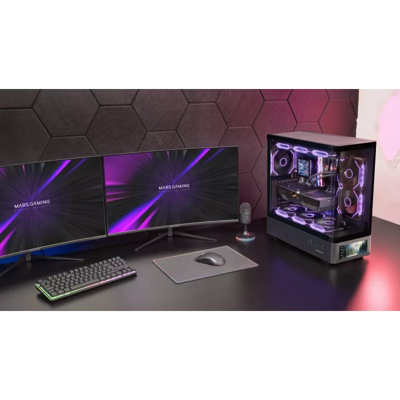 Korpusas TACENS Mars Gaming MCLCDPRO Midi Tower – juodas, IPS 7.2 colio ekranas, maitinimo šaltinis apačioje, ATX/Micro-ATX/Mini-ITX palaikymas