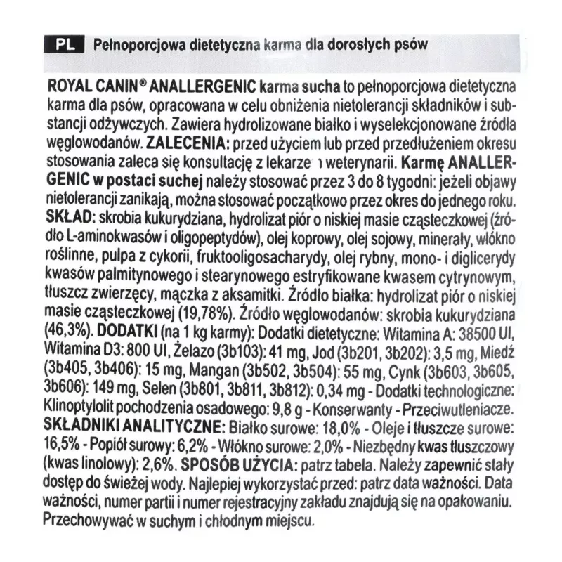 Sausas šunų ėdalas Royal Canin Anallergenic 8 kg – suaugusiems hipoalerginis paukštienos receptas, be glitimo, be laktozės