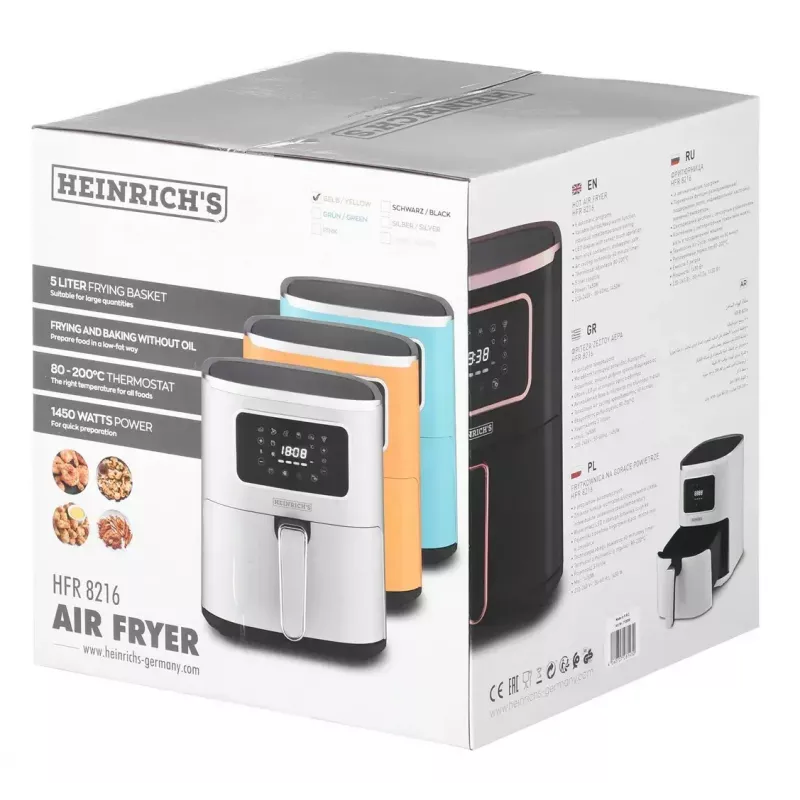 Karšto oro gruzdintuvė HEINRICH'S HFR 8216, 5.0 l talpa, 1450 W, geltona