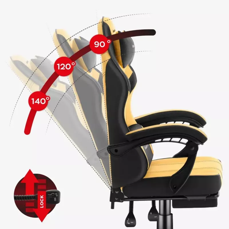 Gaming kėdė huzaro Force 3.7 – ergonominė aukšta nugara, geltona sėdynė, reguliuojami porankiai, aukštis 107,5–116,5 cm