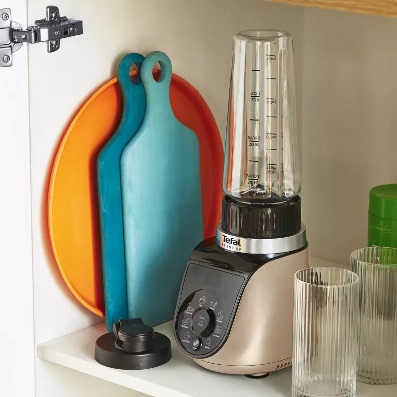 Stalinis blenderis Tefal Blend Up BL190AF0 — 0,85 L indas, 1000 W, 6-peilių Powelix, impulsinis režimas, ledo smulkinimas (permatomas/juodos/smėlio spalvos)