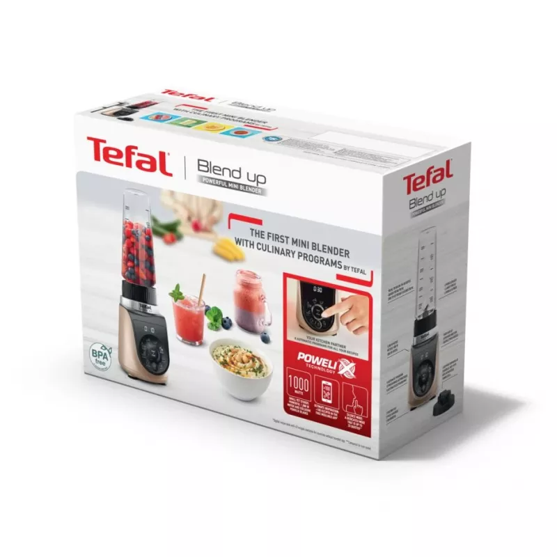 Stalinis blenderis Tefal Blend Up BL190AF0 — 0,85 L indas, 1000 W, 6-peilių Powelix, impulsinis režimas, ledo smulkinimas (permatomas/juodos/smėlio spalvos)