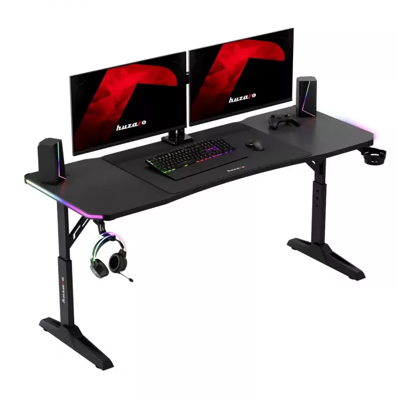 Gaming stalas huzaro Hero 4.6 RGB – juodas stačiakampis stalviršis 1600×600 mm, aukštis 560–790 mm, H kojos, RGB foninis apšvietimas