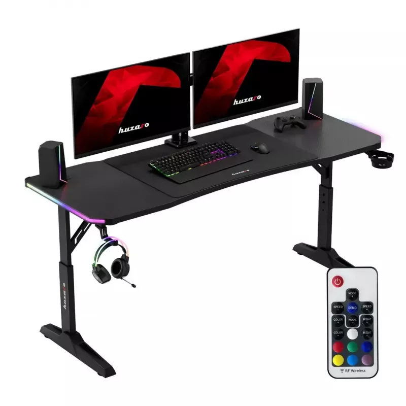 Gaming stalas huzaro Hero 4.6 RGB – juodas stačiakampis stalviršis 1600×600 mm, aukštis 560–790 mm, H kojos, RGB foninis apšvietimas