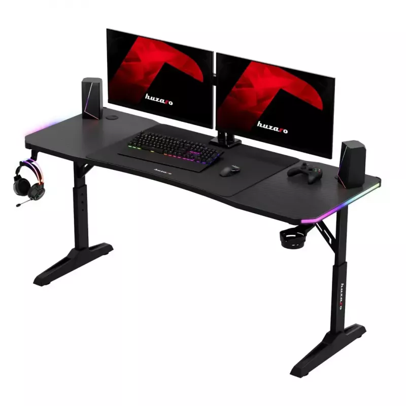 Gaming stalas huzaro Hero 4.6 RGB – juodas stačiakampis stalviršis 1600×600 mm, aukštis 560–790 mm, H kojos, RGB foninis apšvietimas