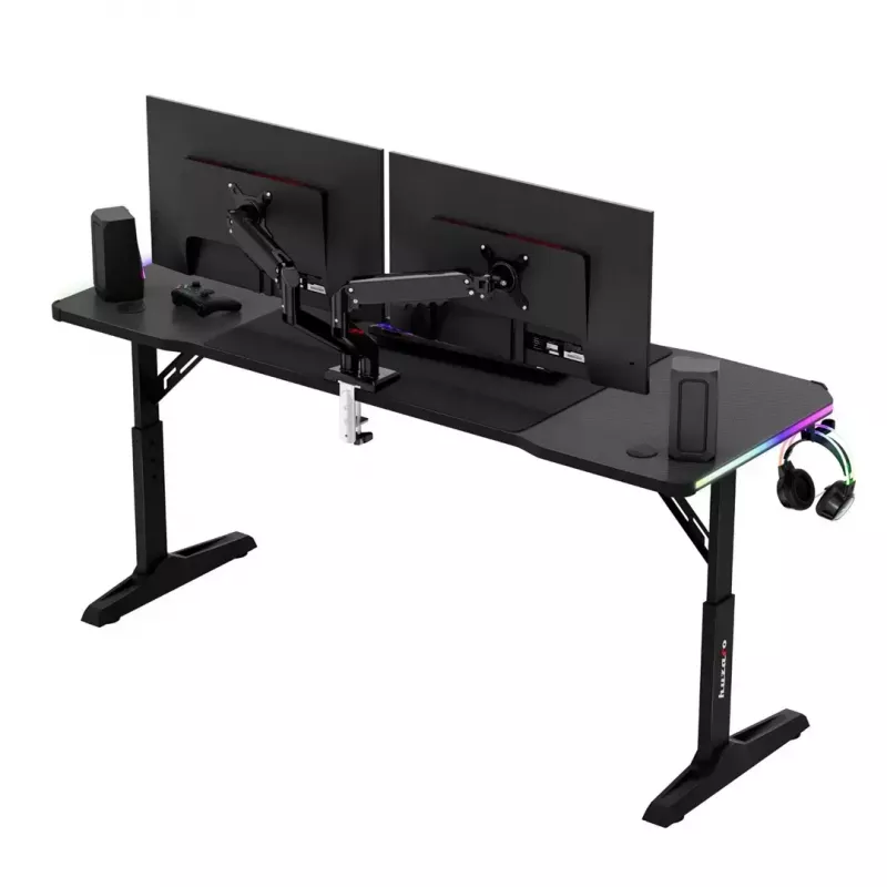 Gaming stalas huzaro Hero 4.6 RGB – juodas stačiakampis stalviršis 1600×600 mm, aukštis 560–790 mm, H kojos, RGB foninis apšvietimas
