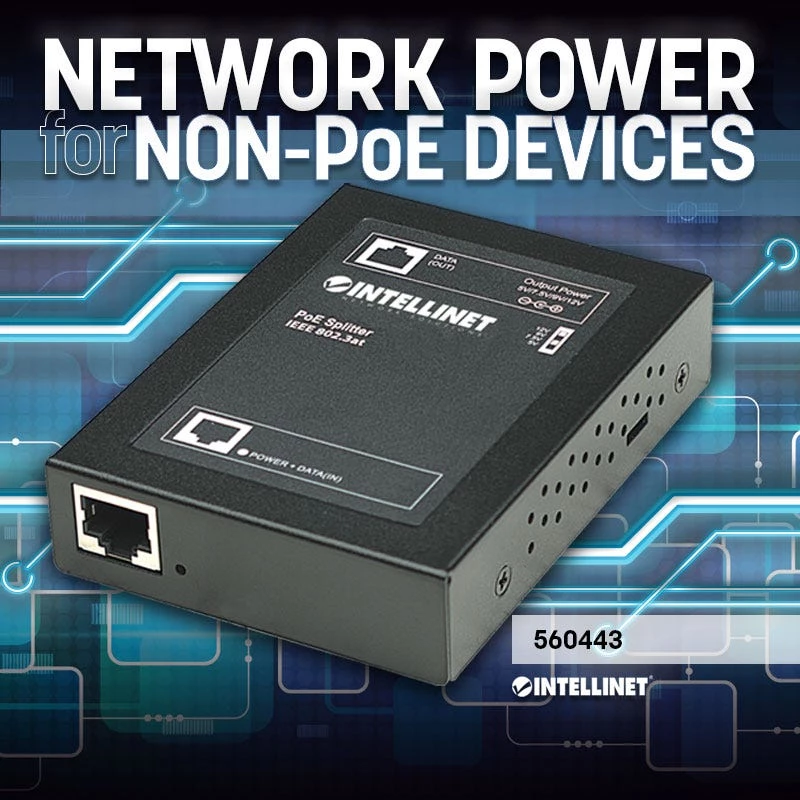 Intellinet Power over Ethernet (PoE+) Skirstytuvas, IEEE802.3at, 5, 7.5, 9 arba 12 V DC išėjimo įtampa