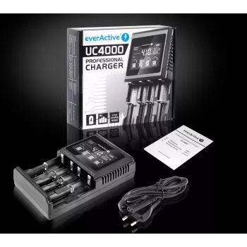 Baterijų įkroviklis everActive UC-4000 AA/AAA buitinėms baterijoms, 4 lizdai, 100–240V, juodas
