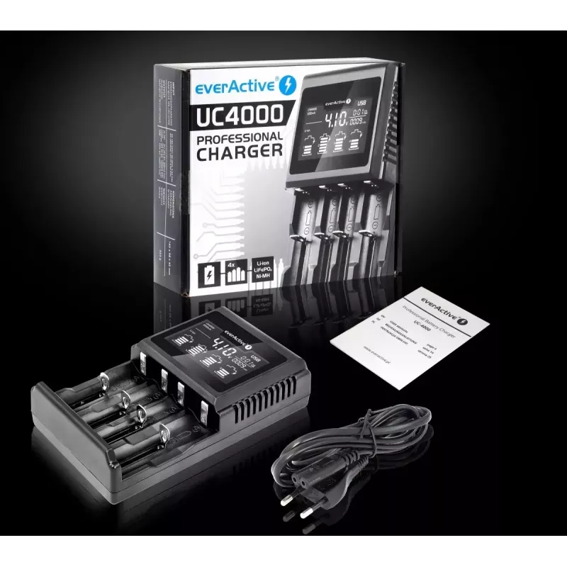 Baterijų įkroviklis everActive UC-4000 AA/AAA buitinėms baterijoms, 4 lizdai, 100–240V, juodas