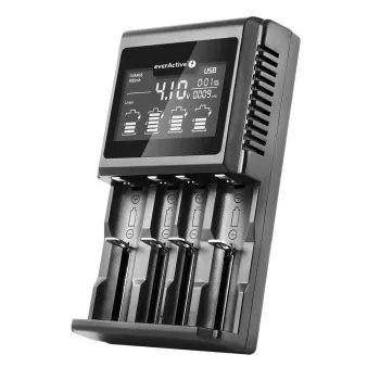 Baterijų įkroviklis everActive UC-4000 AA/AAA buitinėms baterijoms, 4 lizdai, 100–240V, juodas