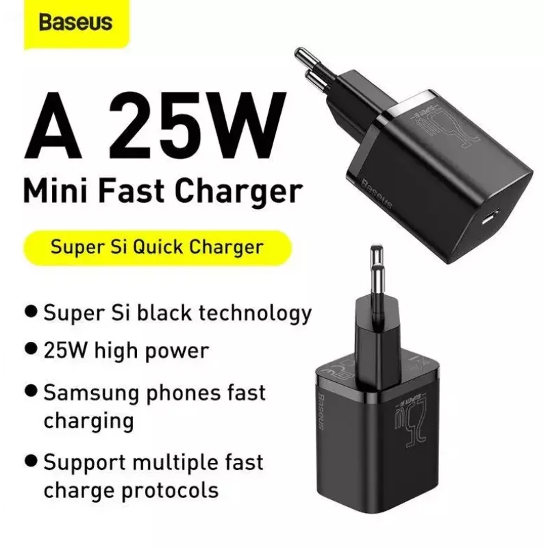 Baseus Super Si Quick Charger 1C TZCCSUP-L01 sieninis įkroviklis, 25W, USB-C PD, su 1 m USB-C kabeliu, juodas