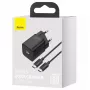 Baseus Super Si Quick Charger 1C TZCCSUP-L01 sieninis įkroviklis, 25W, USB-C PD, su 1 m USB-C kabeliu, juodas