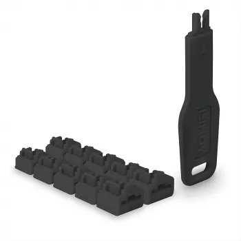 „Lindy“ RJ45 prievadų blokatorių rinkinys, juodi, 10 vnt. + 1 raktas