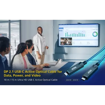 USB-C aktyvus optinis kabelis 15 m ATEN UE3415F — USB-C į USB-C, 15 Gbit/s, juodas