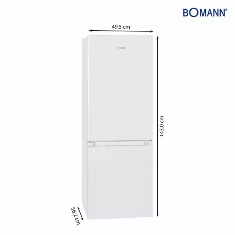 Laisvai pastatomas šaldytuvas BOMANN KG 320.2 – 165 L bendras (šaldytuvas 122 L, šaldiklis 43 L), E klasė, 143 cm, baltas