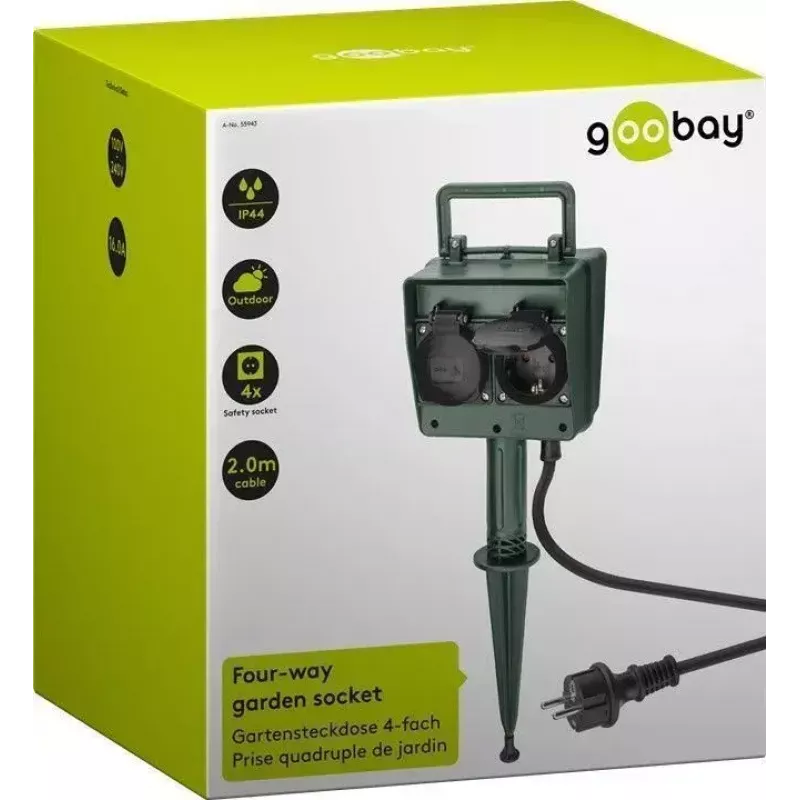 Prailginimo laidas Goobay 55943 2m 2 AC lizdai lauko sąlygoms juoda žalia