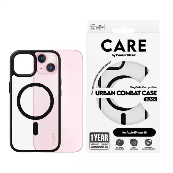 PanzerGlass CARE by Flagship Case Urban Combat Black permatomas dėklas iPhone 15 su MagSafe