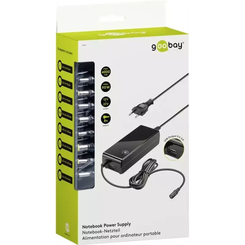 Goobay 90 W nešiojamojo kompiuterio maitinimo adapteris juodas, vidaus, 100-240V