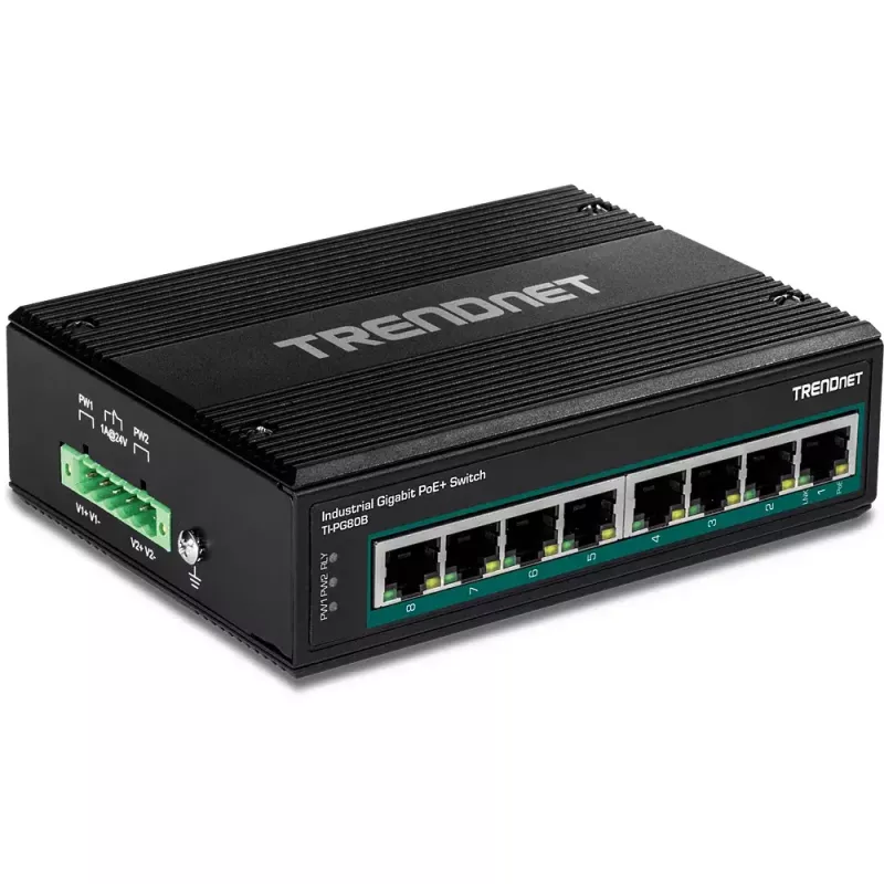 Pramoninis jungiklis Trendnet TI-PG80B – 8x Gigabit PoE+ (200W), DIN bėgelis, IP30