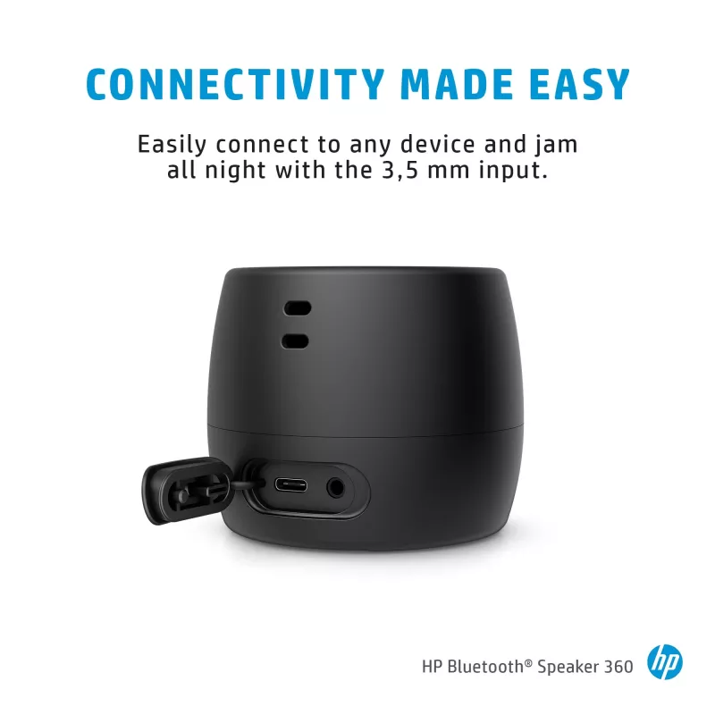 HP Black Bluetooth Speaker 360, belaidis ir laidinis, monofoninis nešiojamas garsiakalbis, juodas, cilindro formos, mygtukai, universalus